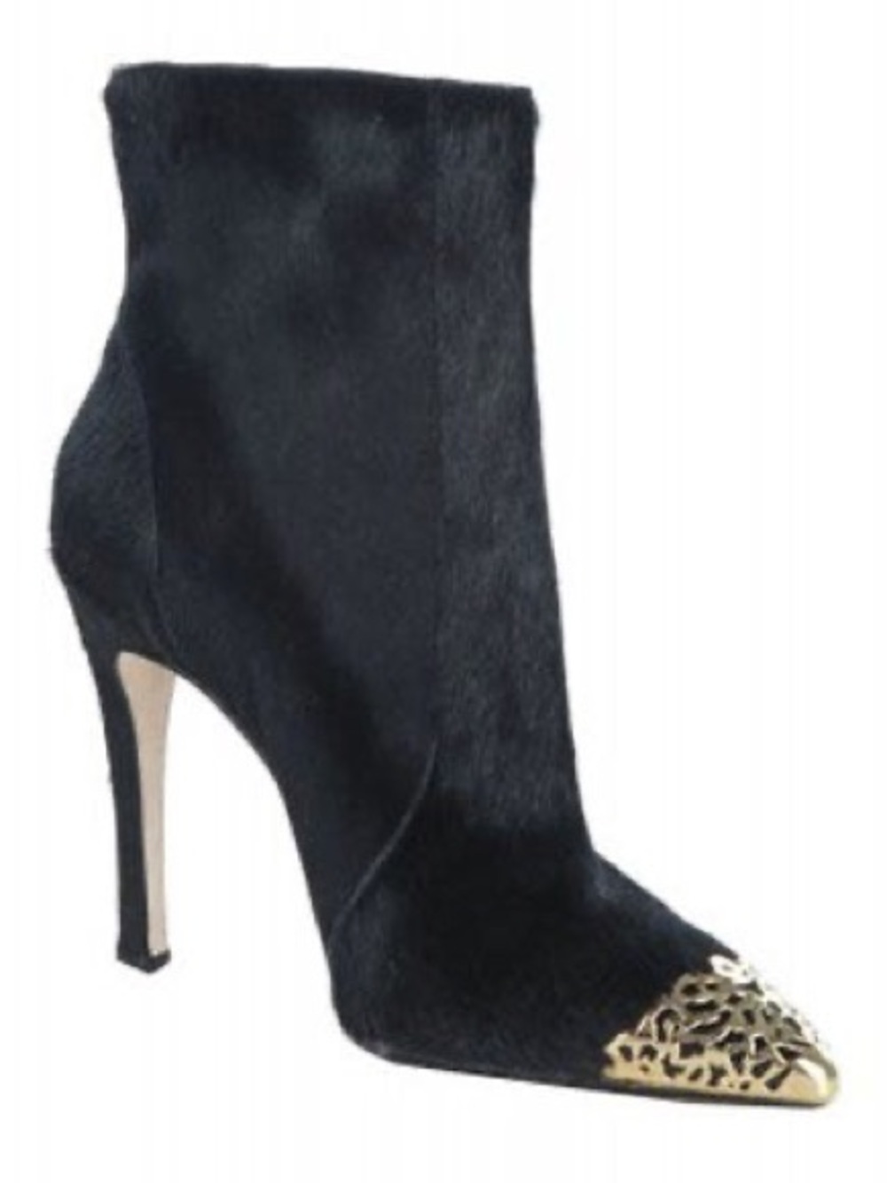 Alice + Olivia Black Calf Hair Stiletto Ankle Boots w/ Gold Cap Point Toe -Sz 36